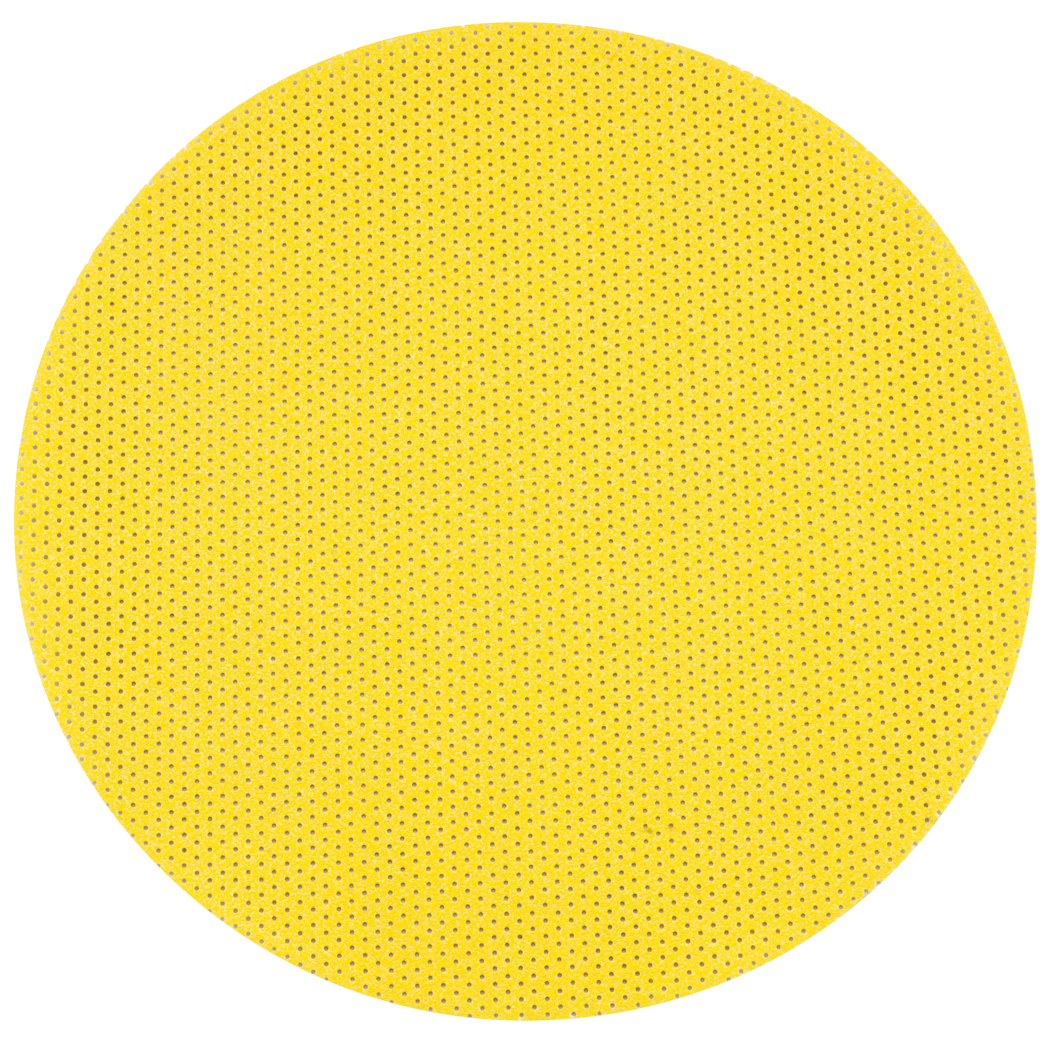 WOLFF_Dummy_40775, 40776, 40777, 70754, 40778, 40720, 40741, 40742, 40743, 40744, 40745, 40746, 40747, 40478, 40479_perforated pads_2025-08 Duży okrągły żółty dysk o teksturowanej powierzchni z równomiernym wzorem drobnych perforacji, przypominający tarczę ścierną lub filtr, na białym tle.
